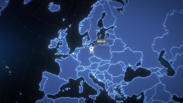 Animated zoom from a holographic blue globe to Berlin with a location pin, animated rectangle highlight and text label, a futuristic digital map graphic for news, travel and business.

