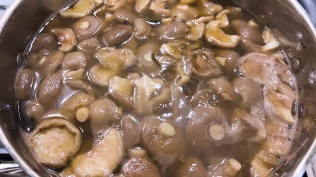Close-up of slippery jack mushrooms boiling in a metal pot. Wild organic Suillus fungi bubble in hot water during the cooking process, preparing edible forest boletes for preservation or healthy meal.