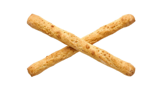 Two golden brown savory breadsticks with visible herbs and spices crossed over each other, studio shot PNG Isolated on transparent background