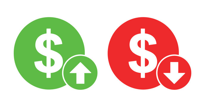 Dollar Sign Up and Down Arrows Icon: A clear visual representation of economic trends, showing a dollar sign within a green circle with an upward arrow, indicating increase.