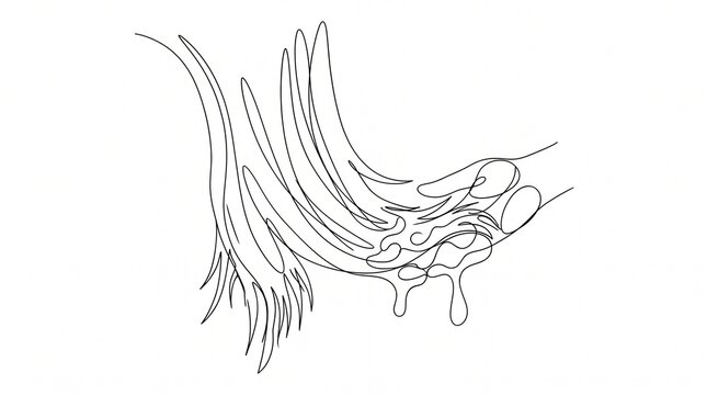 Continuous line art illustration hand applying hair mask on dry ends liquid drops isolated white background   
