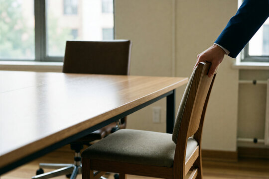 Business person pulling out office chair at meeting table