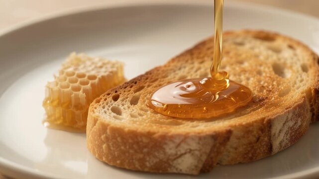 Golden honey dripping onto a slice of toasted bread with a piece of natural honeycomb on a white ceramic plate captured in a close up static shot for breakfast food commercial