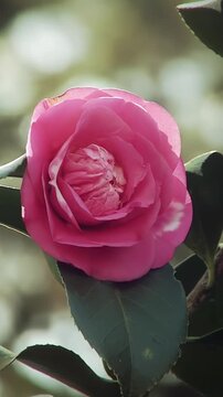 Pink Camellia Flower Blooming In Garden Close Up - Vertical 4K