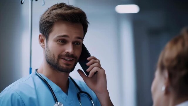 Young male doctor speaks on phone in hospital
