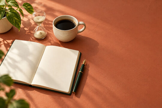 Blank notebook with pen coffee and hourglass on warm terracotta desk