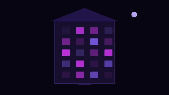 Minimalist apartment building animation with flickering windows at night, abstract cityscape motion architecture