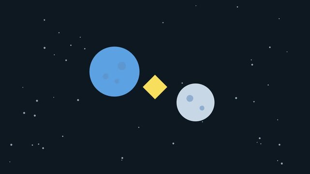 Minimalist space animation with rotating planets and central diamond shape on dark starry background