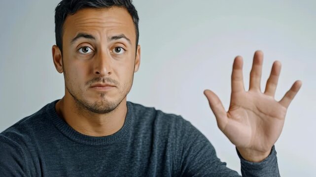 Man shows five fingers, eyes wide open
