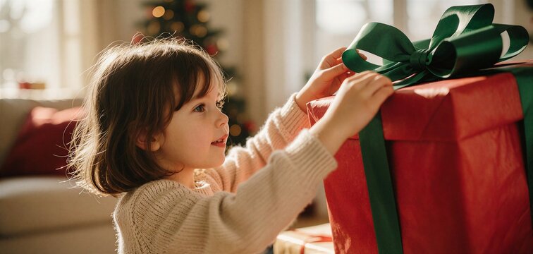 Young girl adjusting a large green bow on a gigantic red Christmas gift box in a warm, cozy home setting.