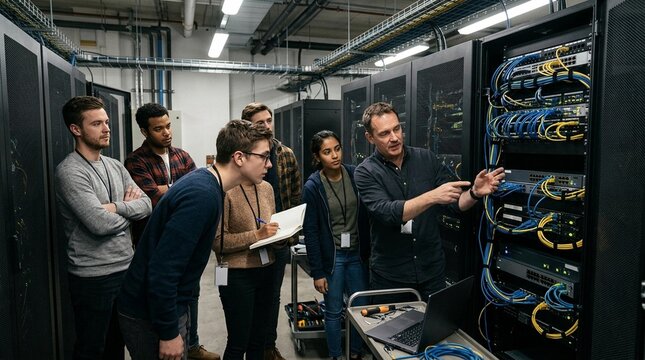 Apprentices gathered around server rack learning from mentor, vocational training and tech apprenticeship