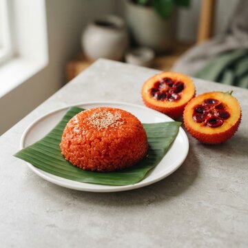 Vietnamese xoi gac red sticky rice with gac fruit for Tet Lunar New Year