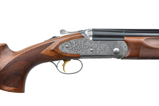 Close-up of engraved hunting shotgun receiver with gold trigger on white back