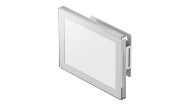 Modern sleek high-tech metallic brushed silver industrial panel PC touch screen monitor featuring a sturdy wall mounting bracket and blank mockup display, presented in an isometric perspective view