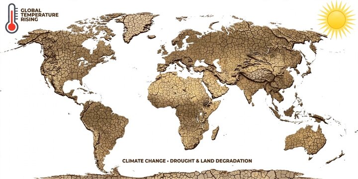 Global Drought Concept Made of Cracked Dry Earth with Sun and Thermometer Showing High Temperature Climate Change
