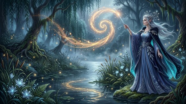 Enchanted elven sorceress casting golden magic in a misty forest