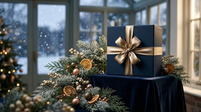 Elegant navy gift box with gold ribbon beside festive Christmas greenery