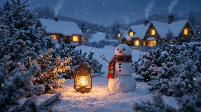 Snowy village scene with a lantern and cheerful snowman