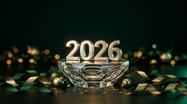 Elegant 2026 New Year celebration with crystal bowl and ribbons