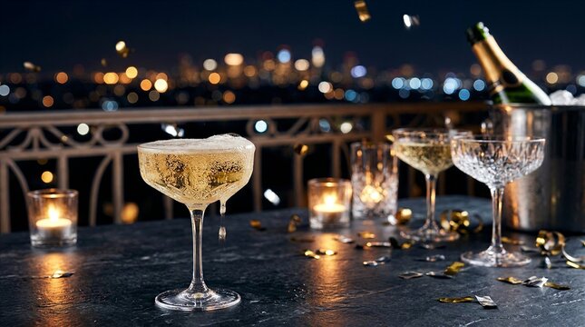 Champagne toast on a candlelit balcony overlooking city lights