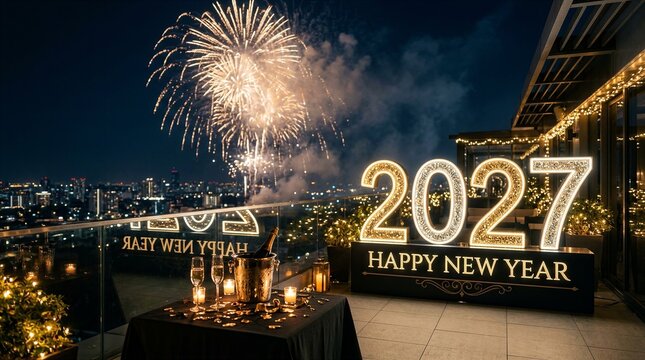 Illuminated 2027 New Year celebration on rooftop terrace with fireworks