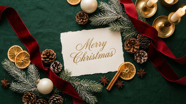 Merry Christmas greeting card with festive greenery and red ribbon