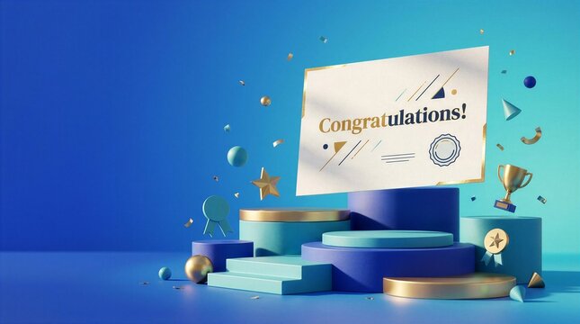Congratulations celebration card on colorful podium with trophies