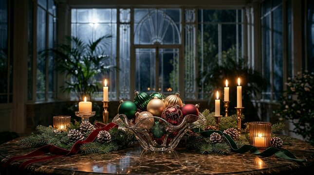 Elegant Christmas table centerpiece with candles in a conservatory