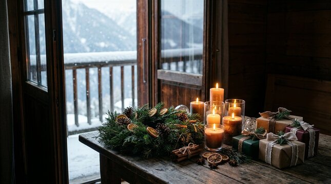 Cozy winter cabin table with candles, greenery, and wrapped gifts