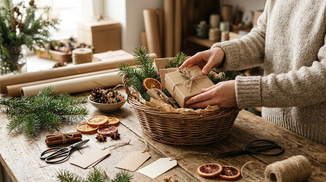 Handcrafted Christmas gift basket with natural greenery and dried oranges