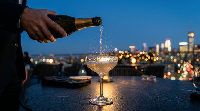 Sparkling wine poured into a coupe glass against a city skyline at dusk