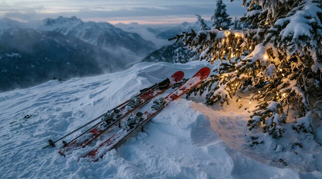 Snow-covered skis resting beside a lit alpine tree at dusk