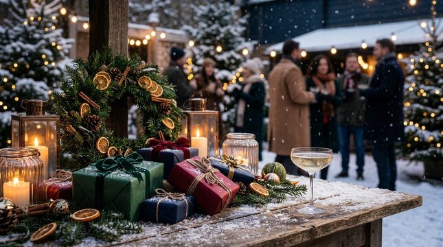 Festive outdoor Christmas market with gifts, candles, and snowy decor