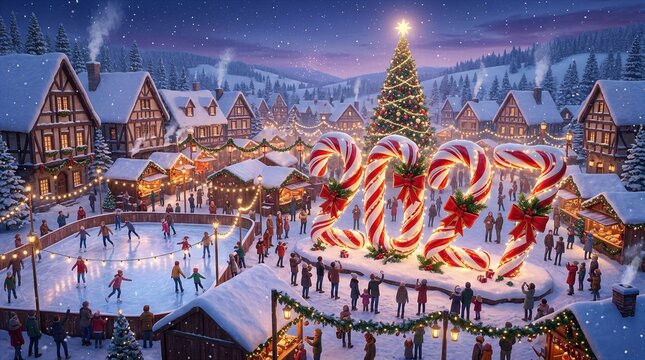 Festive Christmas village with giant candy canes and ice rink