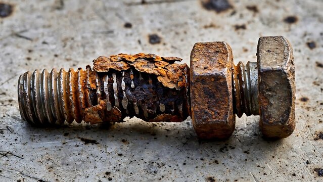 Close-up of a severely rusted metal bolt and nut, showing heavy corrosion and flaking on a textured industrial surface.
