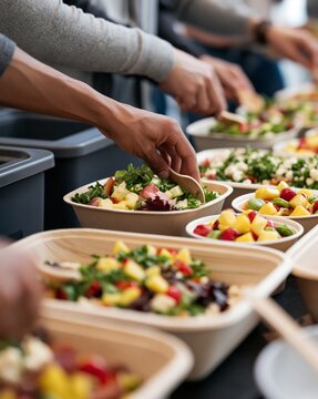 Diverse university students choose fresh salad bowls and fruit cups at a campus buffet with sustainable tableware and compost bins.