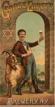 Advertising poster, beverage advertisement, bock beer poster from George Ehret's Brewery, N.Y., designed by Henry Jerome Stile in 1890. The hexagonal star shown in the stone arch on the left is the traditional brewer star symbol. It has served as a guild symbol in brewing since the Middle Ages and symbolized the elements important for brewing, such as fire, water and air as well as the ingredients water, malt and hops. The presence of the goat is the classic symbol of bock beer, authentic reproduction of a historical advertising poster, advertising sign, in high resolution
