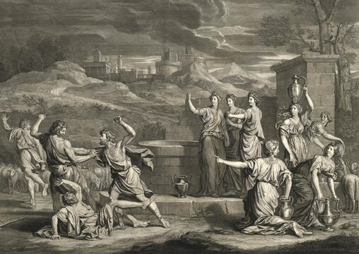 Story of the Prophet Moses, Moses Defending the Daughters of Jetro, c. 1700, Antoine Trouvain, Historical, digitally restored reproduction from an 18th or 19th century original