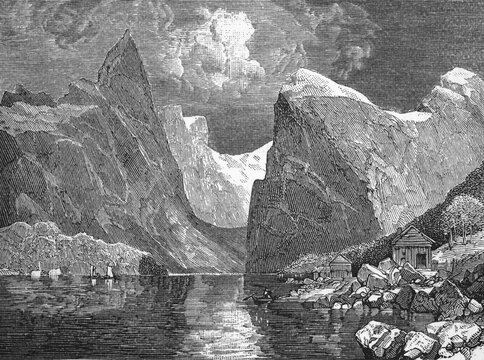 Landscape with a fjord, around 1870, Norway, digital reproduction of a historical model