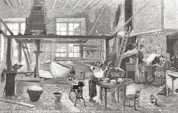 The interior of a silk weaver's workshop, 1877 in Lyon, France. At the center of the room is a room-filling wooden loom. Extremely high ceilings were typical of these workshops to house the woven attachments invented by Joseph-Marie Jacquard and mechanically controlled by punch cards, illustration, reproduction of a model from the 19th century. Authentic, file restored for optimal use, exact date of submission unknown, historical