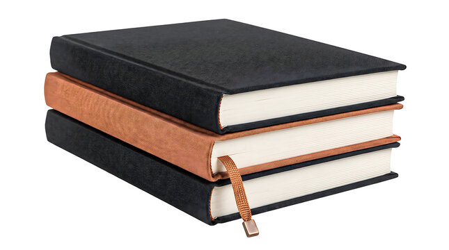 Stack of three hardcover books with black and copper fabric covers and bookmark ribbon isolated on white background