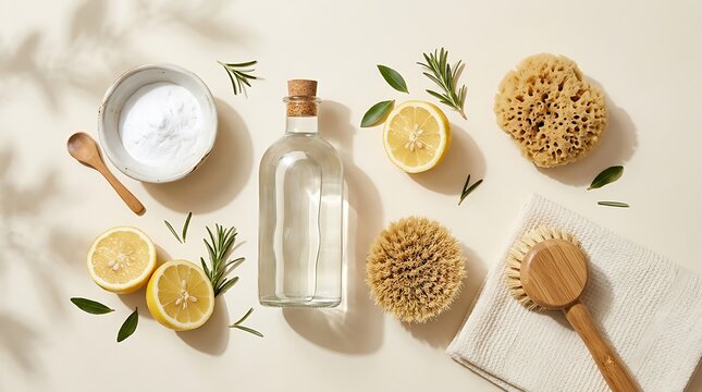 Natural organic cleaning products with lemon rosemary and wooden brushes for sustainable home care. DIY cleaner recipes