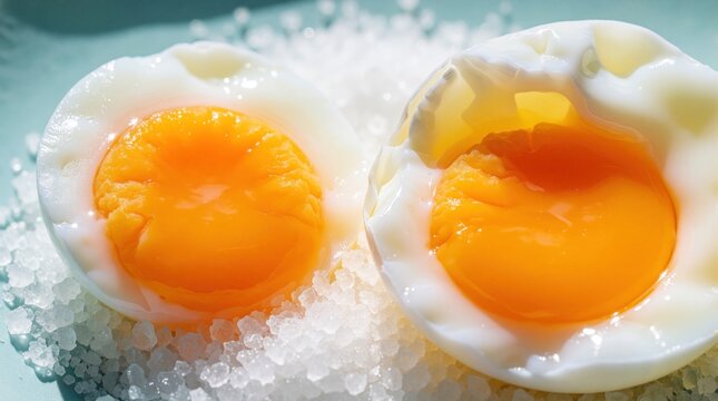 Macro view of two soft boiled eggs on coarse white salt crystals. Bright orange runny yolk inside cooked egg white. Close up food texture shows delicious breakfast ingredient with mineral seasoning