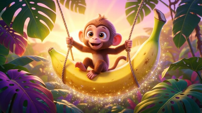 Cute cartoon monkey sits on big banana swing in tropical jungle. Happy animal character smiles in sunny rainforest with rich green leaves. Playful primate enjoys summer adventure amidst colorful