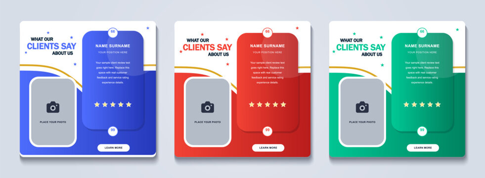 Flat vector UI layout featuring rounded content modules and vibrant color blocks for client testimonial social media posts