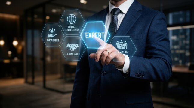 Businessman pointing at virtual expert word and global business icons in modern office