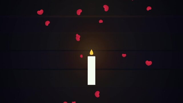 Candle Flame Lit with Red Petals Falling, Romantic Ambiance, Dark Background