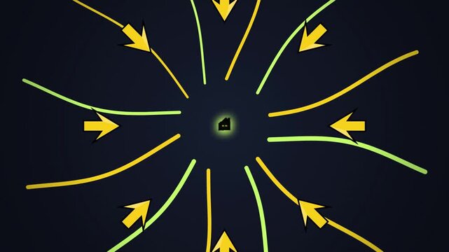 Abstract swirling lines and arrows converging on a central glowing point, dark background