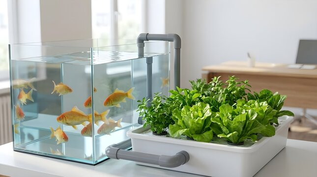 Aquaponics system with fish tank feeding leafy greens