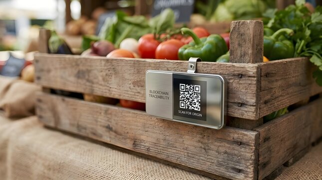 Blockchain traceability tag on a vegetable crate for food supply chain transparency